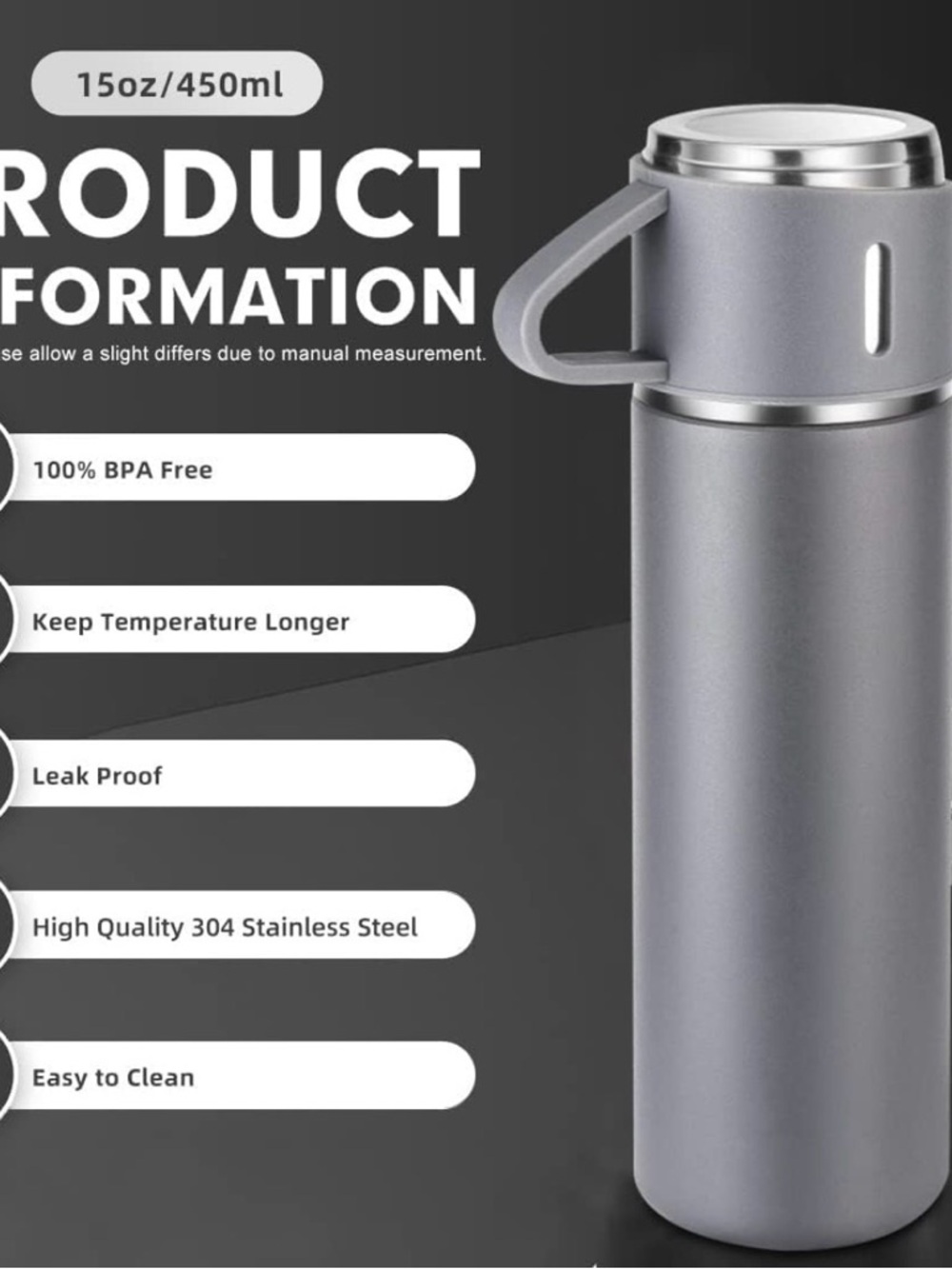 Black thermal Vacuum Flask Gift Set, Stainless Steel Steel Travel Mug, 16oz - Picture 5 of 8